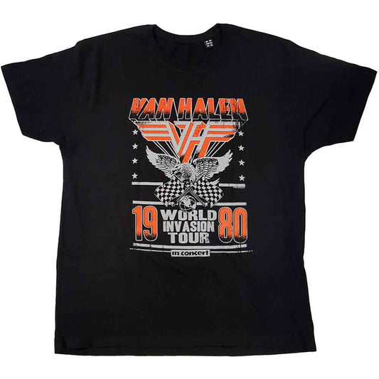 Black Van Halen tour t-shirt with eagle and checkered flag design.