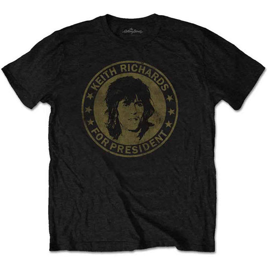 Black t-shirt with a circular graphic of Keith Richards “For President”.