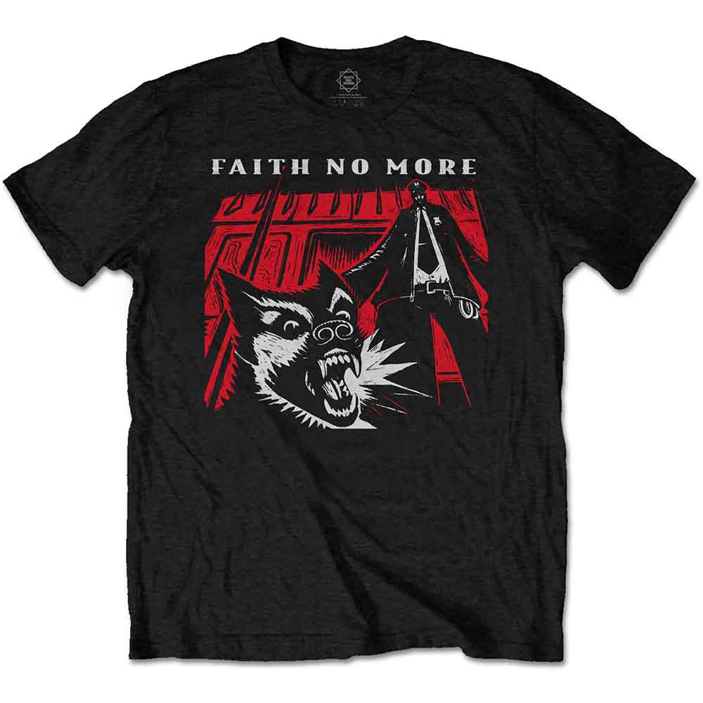 Black t-shirt featuring a Faith No More graphic with a snarling dog and figure.