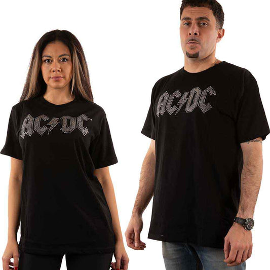 Black AC/DC t-shirt with a sparkly, silver logo on the chest.