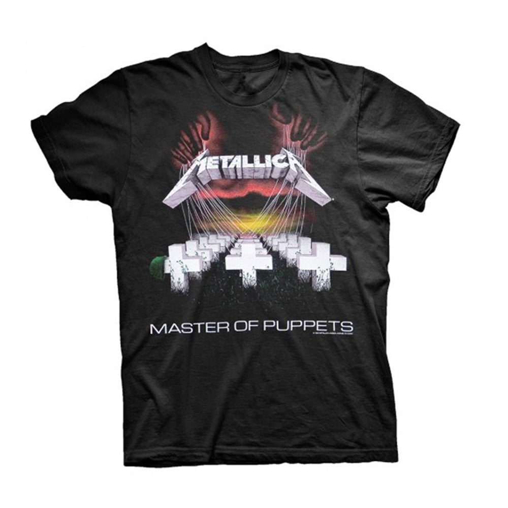 Black t-shirt with Metallica’s “Master of Puppets” album cover graphic.