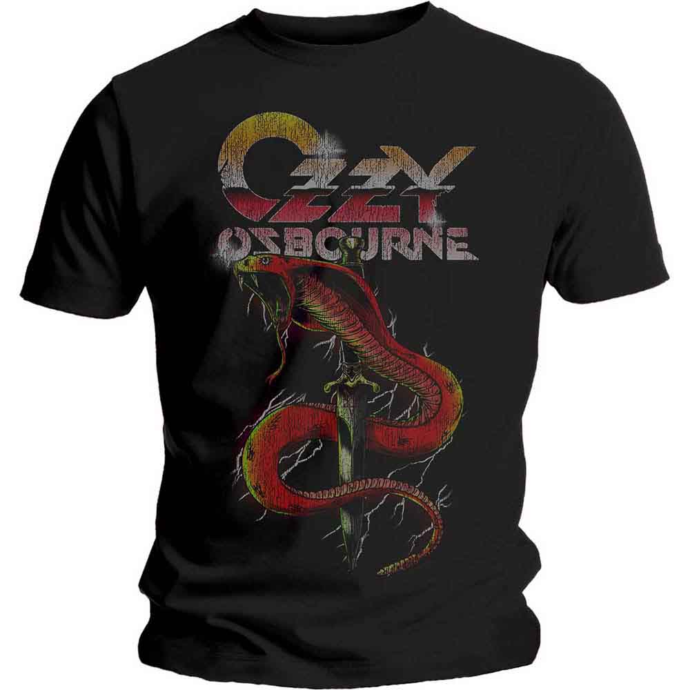 Black t-shirt with a red snake and Ozzy Osbourne logo graphic.
