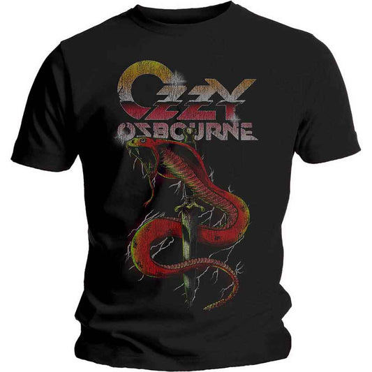 Black t-shirt with a red snake and Ozzy Osbourne logo graphic.