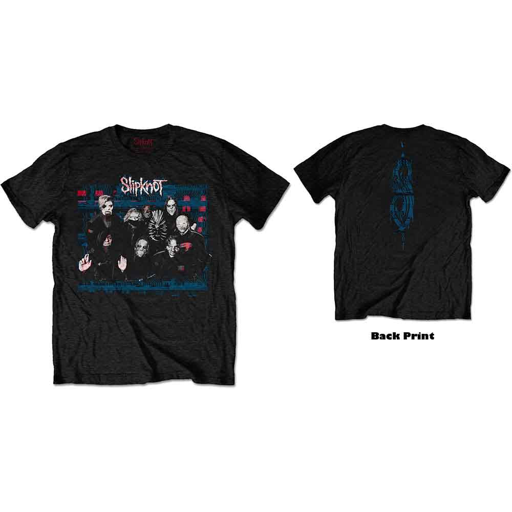 Black t-shirt with Slipknot band members graphic print.