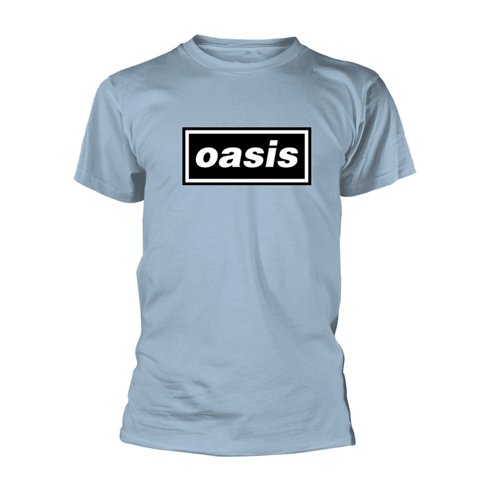 Light blue t-shirt with black “oasis” logo, worn by a man.