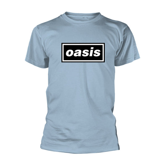 Light blue t-shirt with black “oasis” logo, worn by a man.