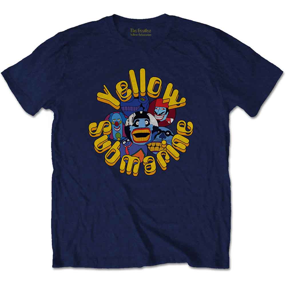 Dark blue t-shirt with a circular cartoon graphic of The Beatles’ Yellow Submarine.