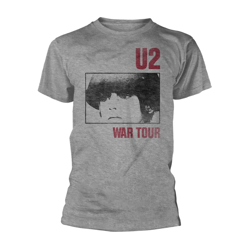 Grey U2 "War Tour" t-shirt with a portrait graphic, modeled on a man.