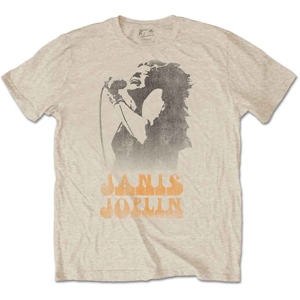 Beige unisex t-shirt with a black and orange Janis Joplin graphic.