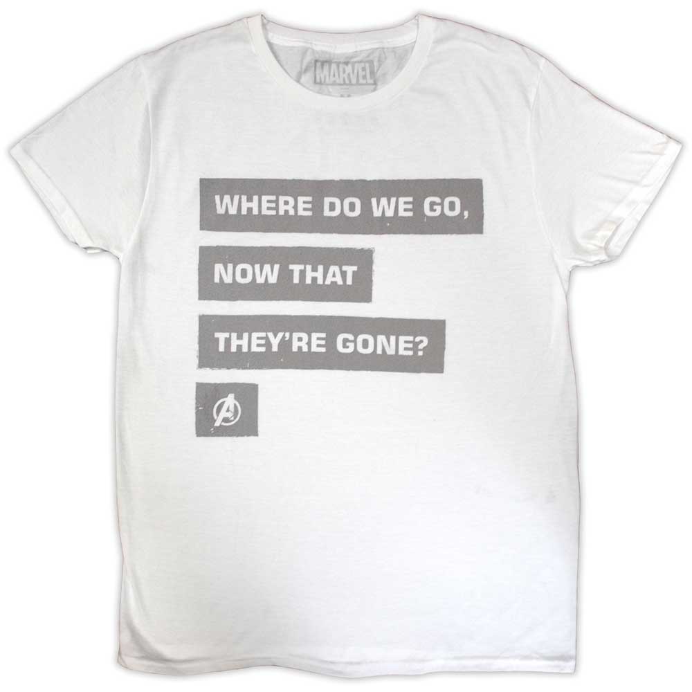 White t-shirt with gray text reading "Where do we go, now that they're gone?