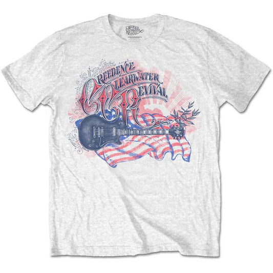 White t-shirt with graphic of a guitar, flag, and text.