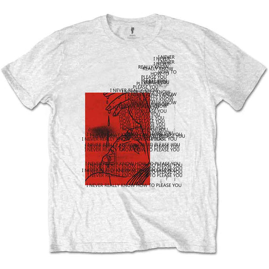 White Billie Eilish t-shirt with red and black graphic design.