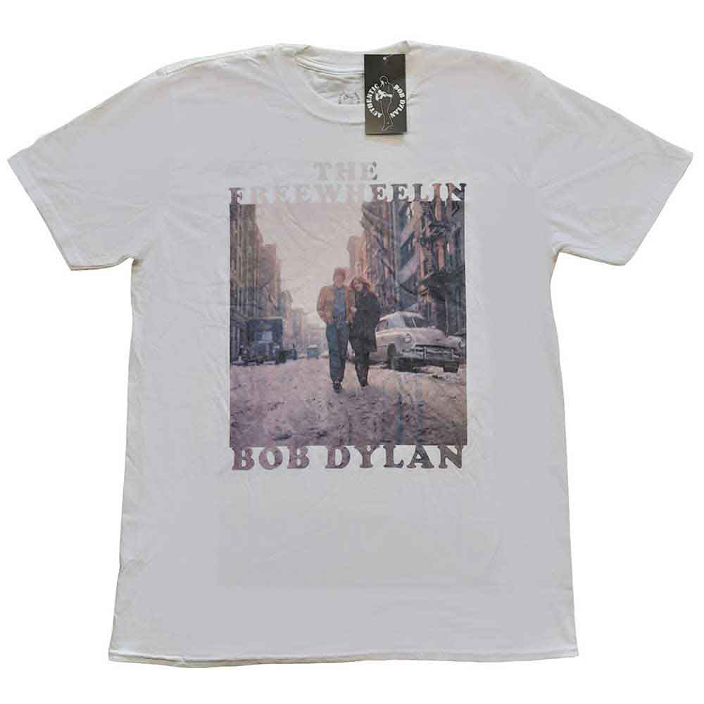 White t-shirt with album cover image of Bob Dylan's "Freewheelin'".