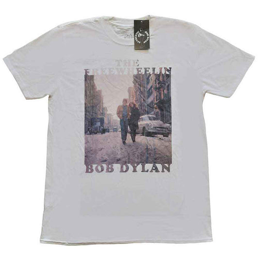 White t-shirt with album cover image of Bob Dylan's "Freewheelin'".
