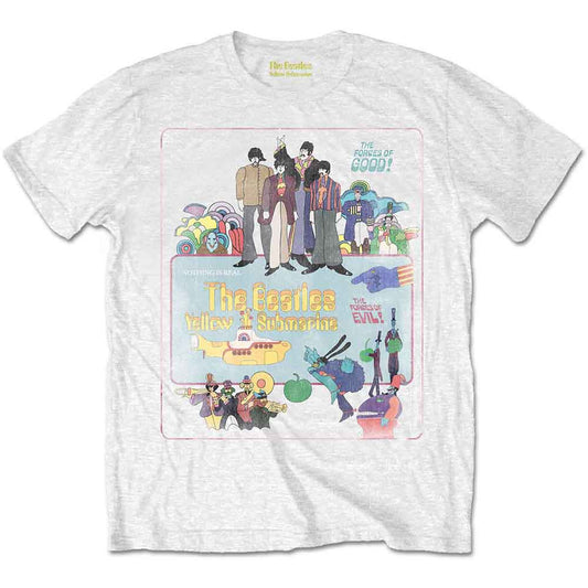 White t-shirt featuring The Beatles Yellow Submarine movie poster graphic with colorful cartoon characters.
