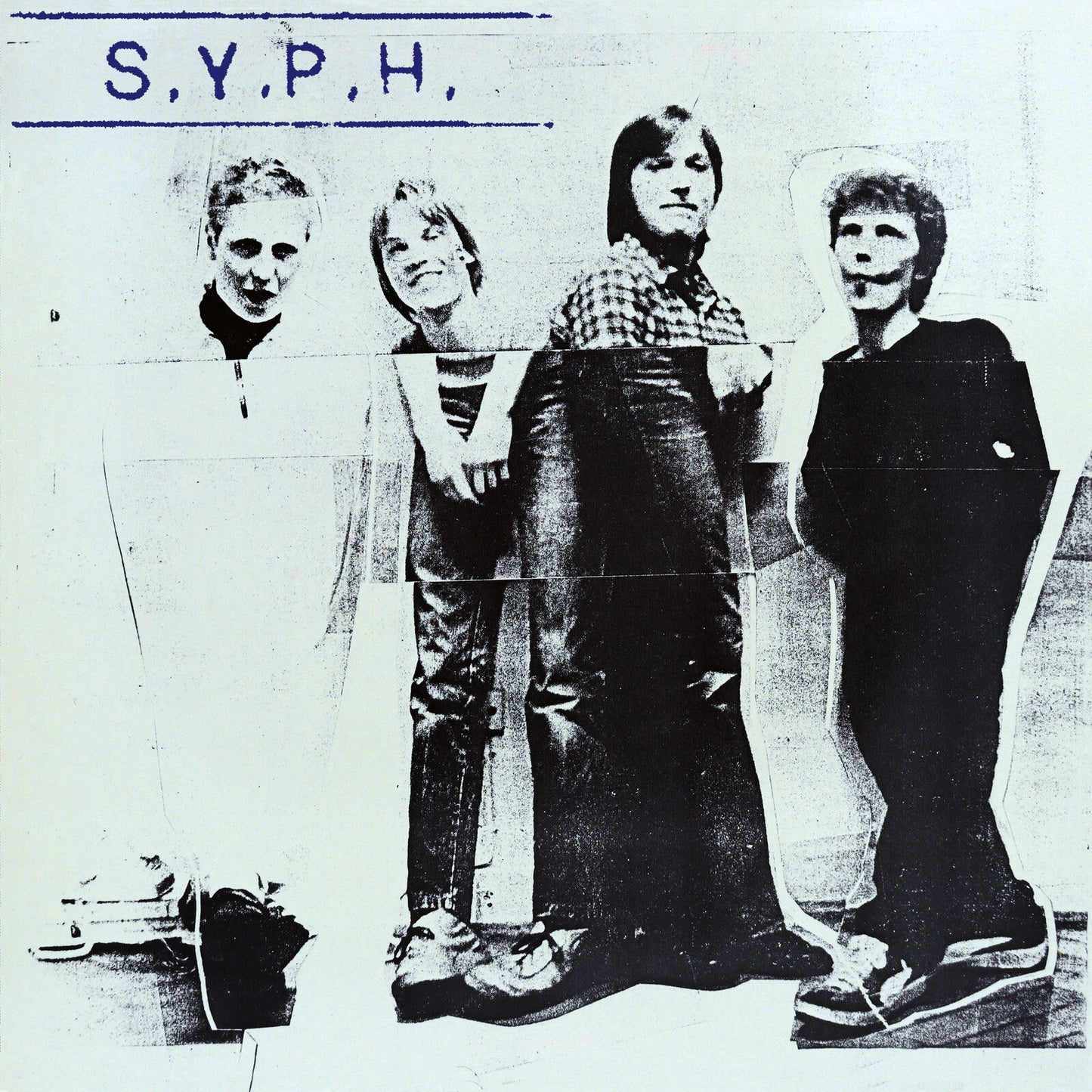 Black and white album cover featuring four people and a cassette tape.