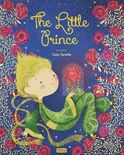 Book cover of “The Little Prince” with a boy and a rose.