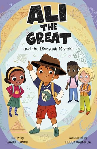Book cover: children with a boy pointing, dinosaurs, and colorful illustrations.