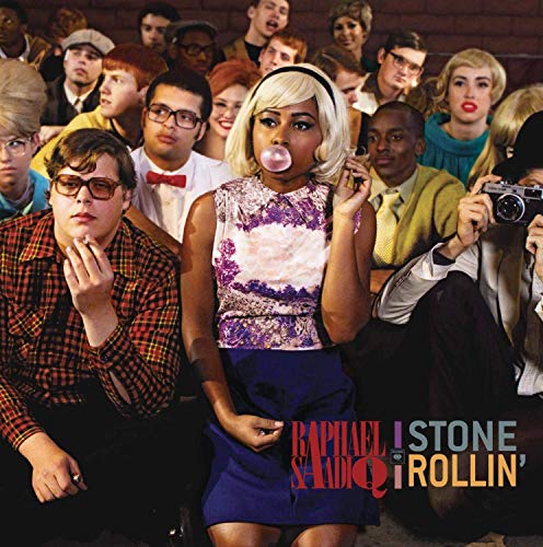 A woman blowing a bubblegum bubble sits among a group of 1960s-styled young people.
