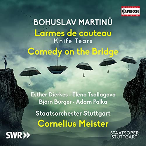 CD cover for Bohuslav Martinů’s “Larmes De Couteau” with floating umbrellas.