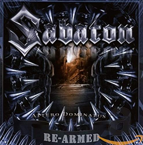 Sabaton Attero Dominatus album cover featuring metallic spikes, a dark war-torn scene, and text.
