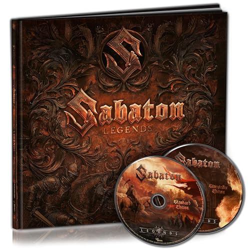 Sabaton “Legends” CD case with two discs, ornate metal design.