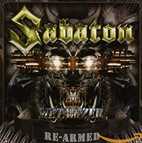 Sabaton “Metalizer” CD cover: metallic skull with glowing eyes and weaponry.