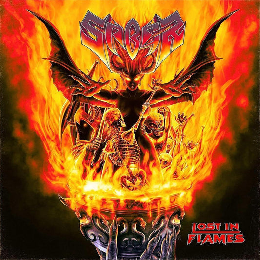 Album cover for Saber’s “Lost In Flames” featuring a fiery, demonic illustration.