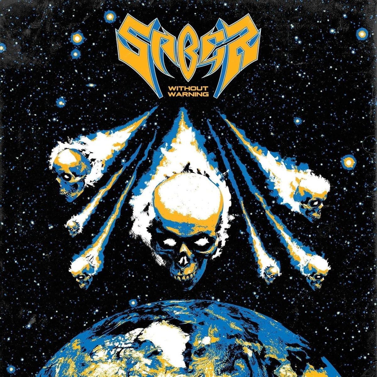 Saber album cover: skulls falling towards a cracked blue Earth.