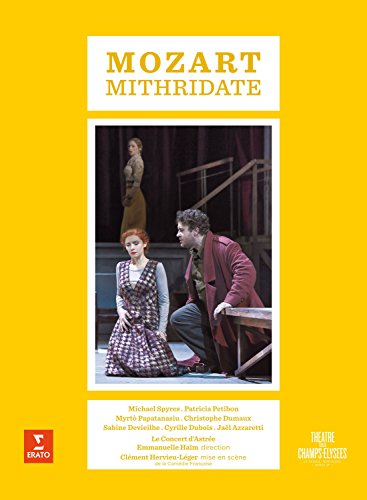 DVD cover for Mozart's "Mithridate" featuring a scene with three opera performers on stage.