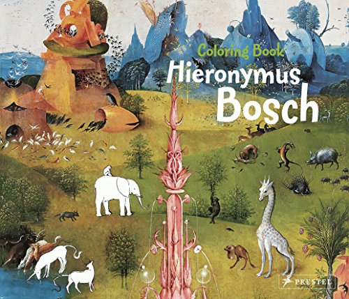 Hieronymus Bosch coloring book cover featuring fantastical creatures and landscapes.