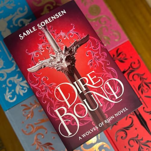 Book cover: "Dire Bound" with a sword illustration on a red background.