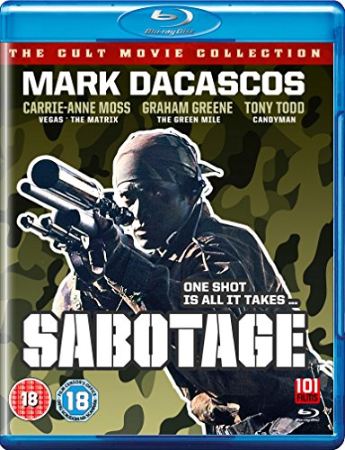 Sabotage" Blu-ray cover featuring Mark Dacascos aiming a weapon, camouflage background.