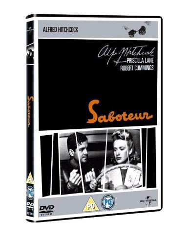 Saboteur" DVD cover featuring Alfred Hitchcock’s film with Robert Cummings and Priscilla Lane.