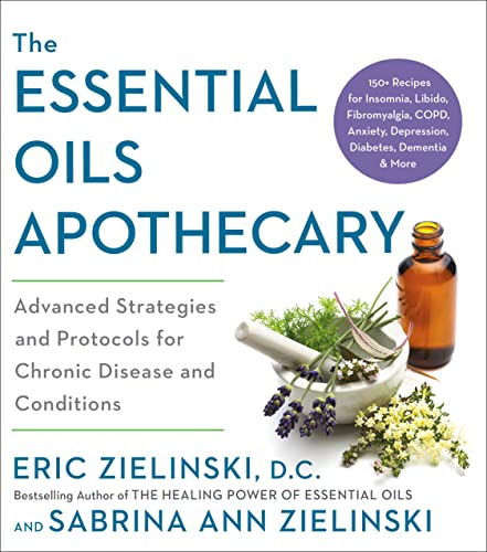 Book cover for The Essential Oils Apothecary with a mortar, pestle, and amber bottle.