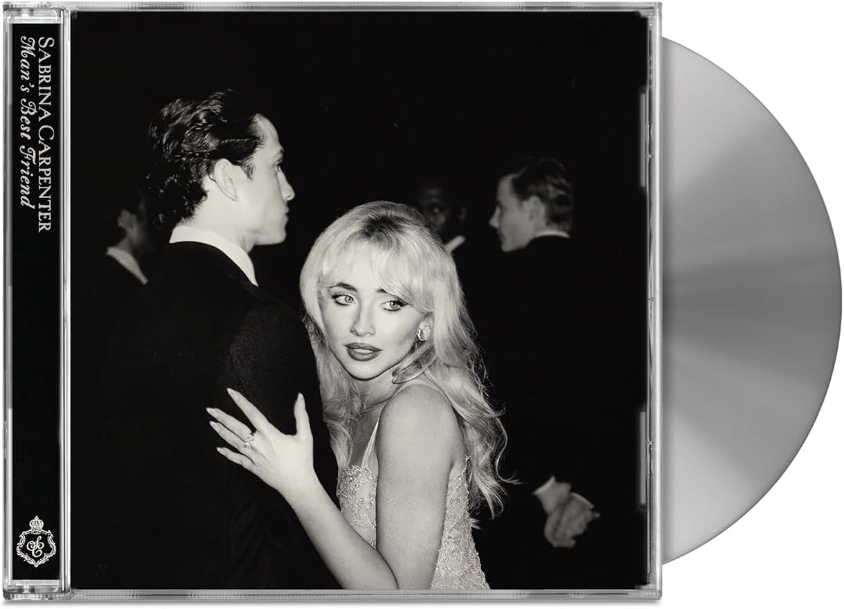 Black and white CD case featuring Sabrina Carpenter and a man dancing.