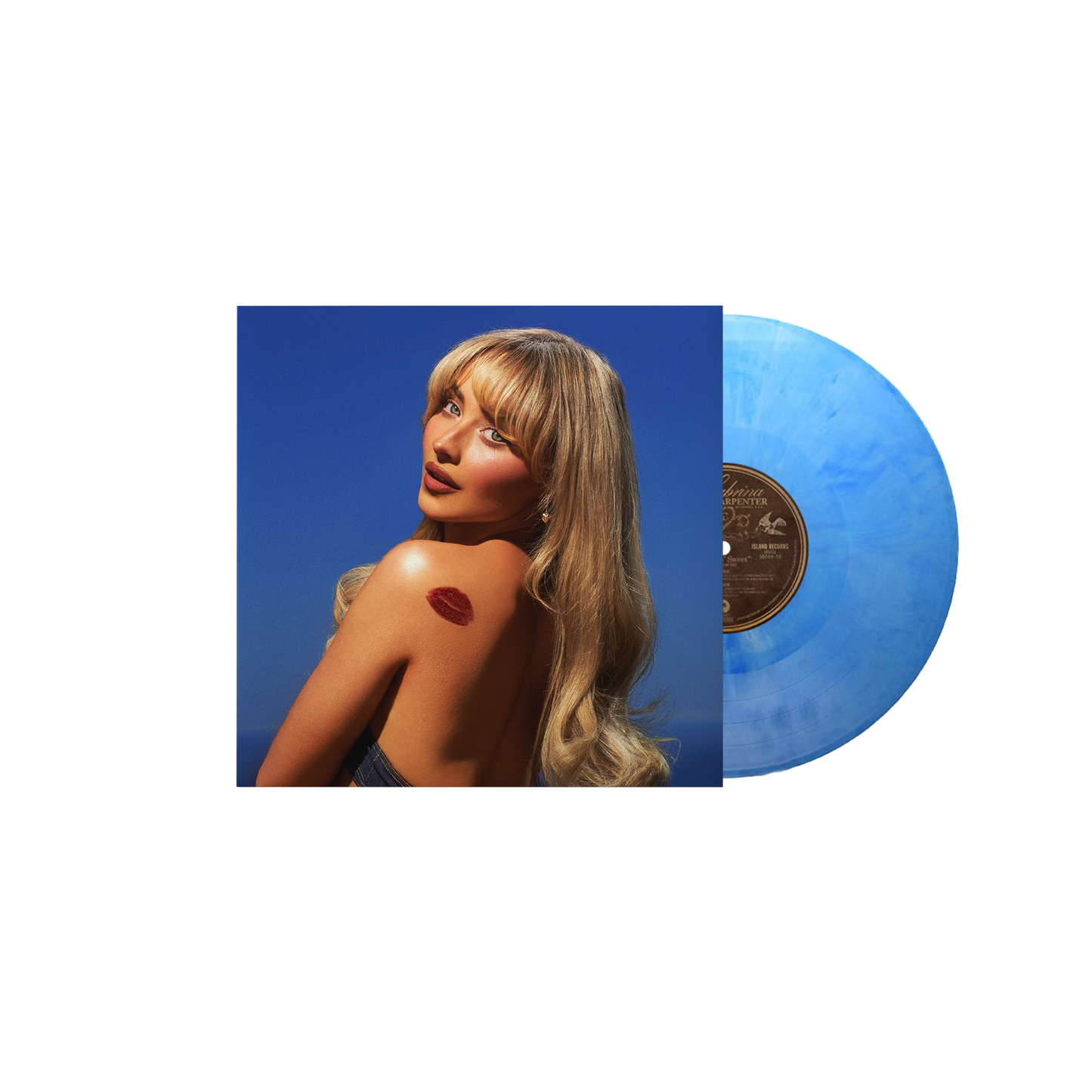 Sabrina Carpenter album cover and light blue vinyl record shown.