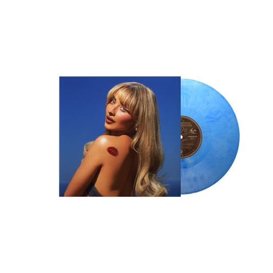 Sabrina Carpenter album cover and light blue vinyl record shown.