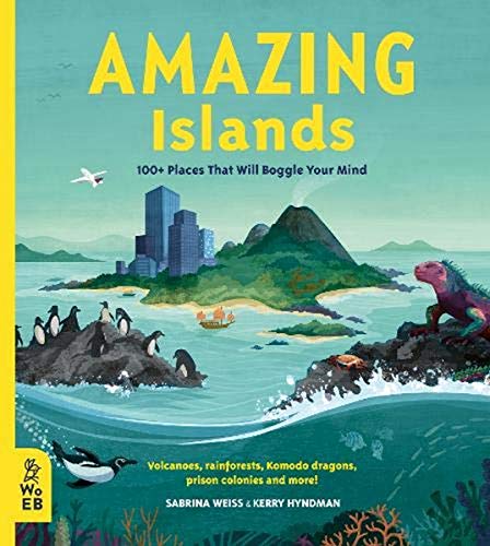 Book cover for Amazing Islands featuring an island landscape with penguins, an iguana, and buildings.