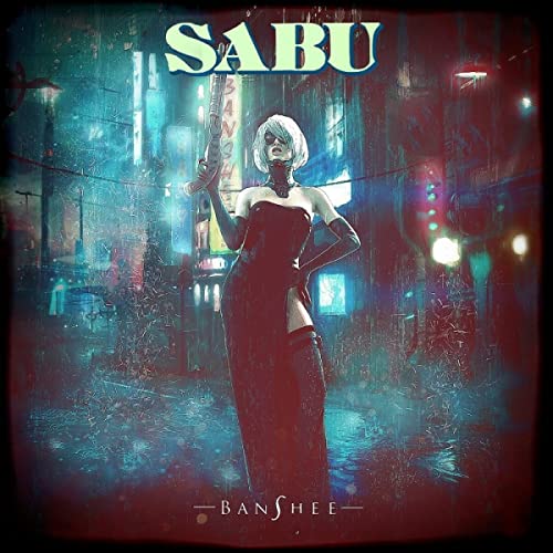 CD cover: woman in black dress with sword, rainy city background.