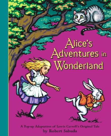 Alice chases the White Rabbit while the Cheshire Cat watches from a tree above.
