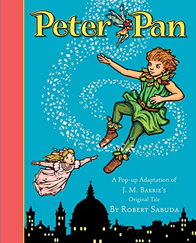 Peter Pan and Wendy fly over a dark city skyline on a blue background.