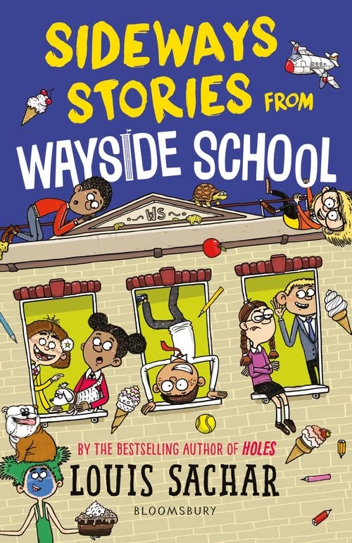 Book cover with cartoon children and a quirky, sideways school building.