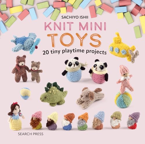 Book cover showing various small knitted toys including animals, dolls, and gnomes.