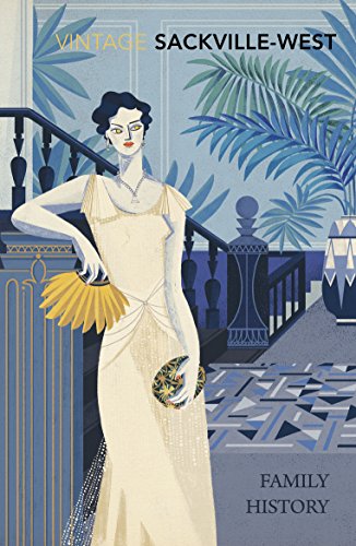 Art deco illustration of a woman in a gown standing on a staircase.
