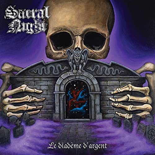 Skull above a stone archway with a starry portal, gothic imagery.