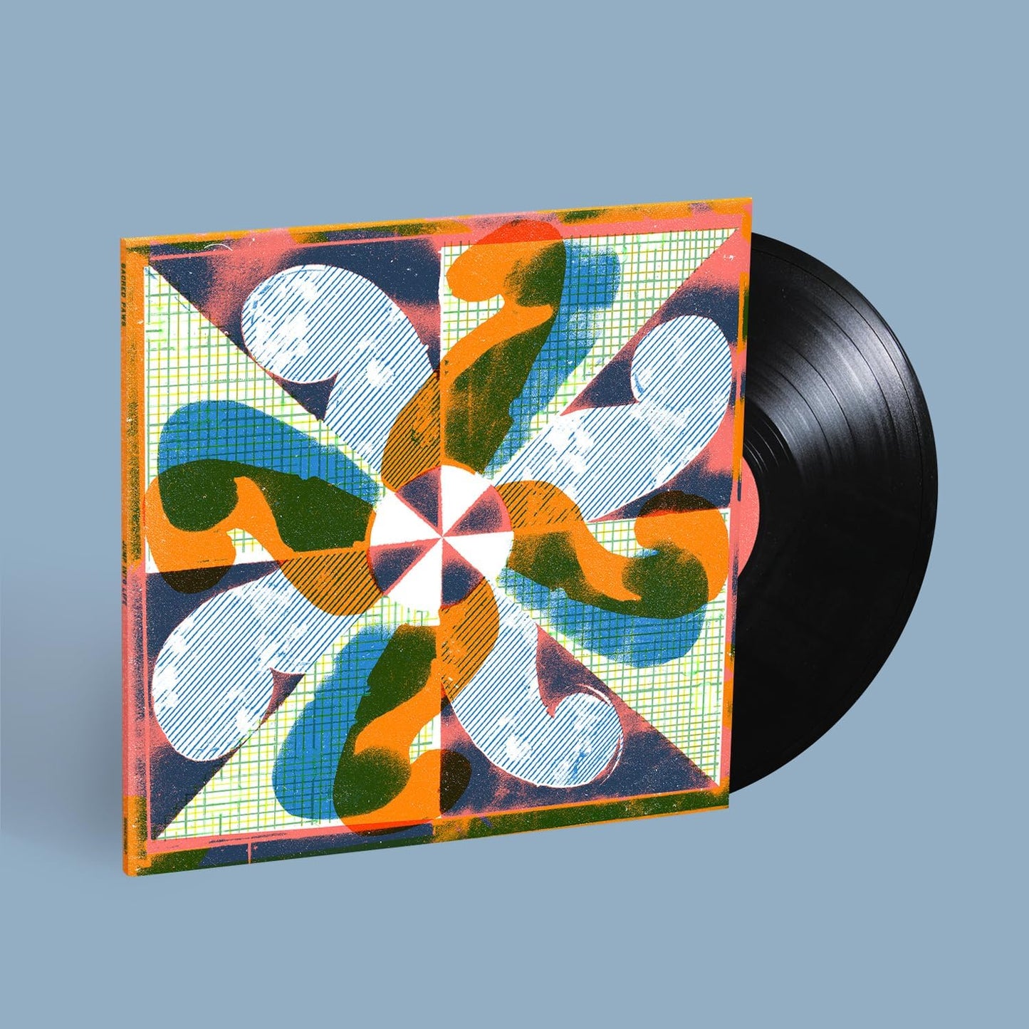 Vinyl record with colorful, abstract floral cover art in blue, orange, and green.