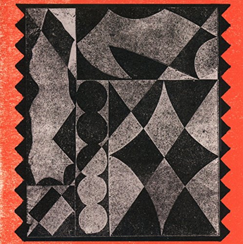 Abstract black and grey geometric patterns on a red serrated border background.