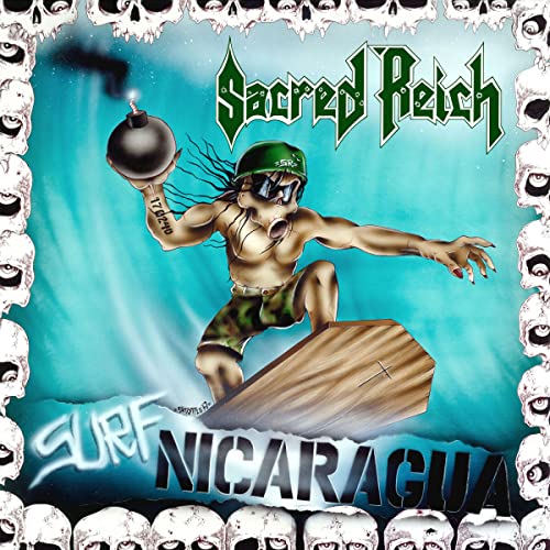Sacred Reich album cover: cartoon surfer with a bomb, skulls border.