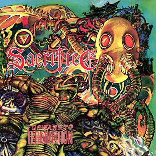 Colorful surrealist album art featuring a gas-masked figure and a muscular creature.